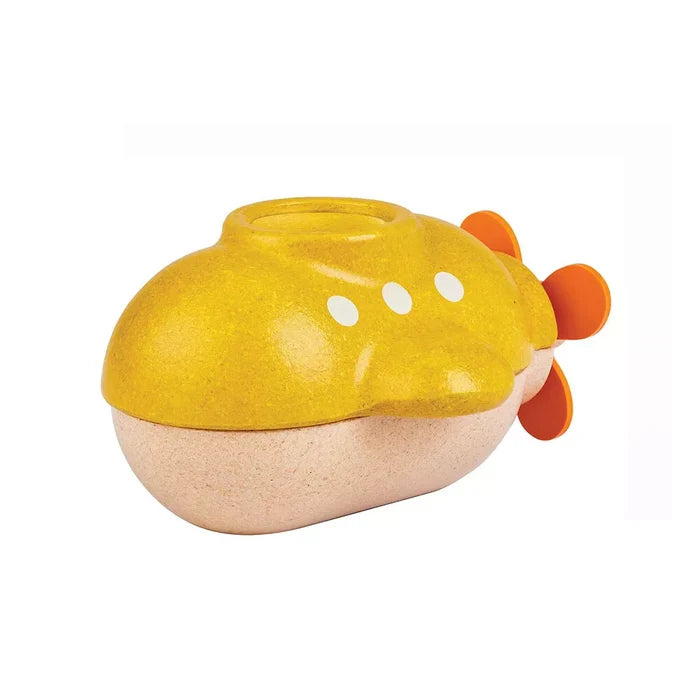 Yellow wooden submarine bath toy with orange rubber propeller,  Plantoy brand