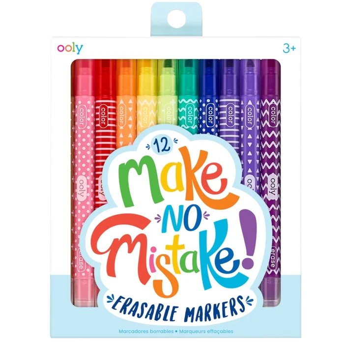 A pack of Ooly Erasable Markers with 12 colorful markers, featuring a dual-ended design for erasing and correcting mistakes.