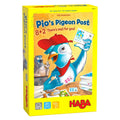 A board game box for 'Pio's Pigeon Post' featuring an illustration of a cartoon pigeon holding a postcard, with a background of a cityscape and children playing.