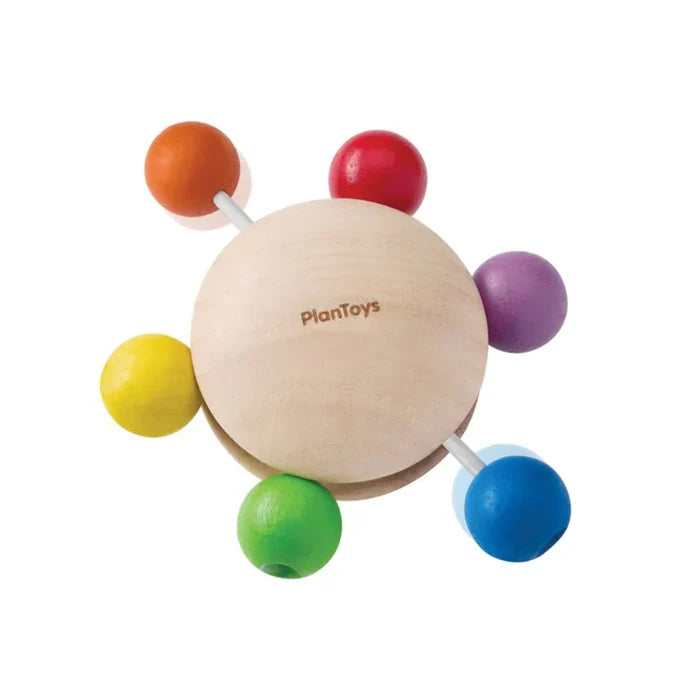 Colorful wooden baby toy with 'PlanToys' branding on a white background