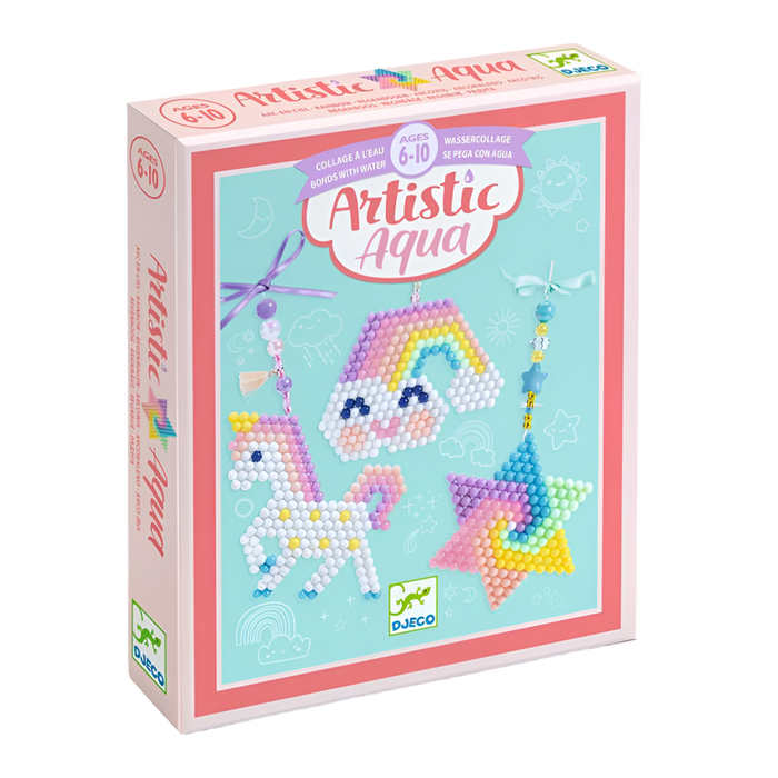A product box for 'Artistic Aqua' featuring images of colorful bead creations, such as a unicorn and a rainbow, on a honeycomb grid.