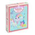 A product box for 'Artistic Aqua' featuring images of colorful bead creations, such as a unicorn and a rainbow, on a honeycomb grid.