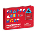 A red Magformers Shapes and More 20-piece set tin case with multicolored shapes inside.