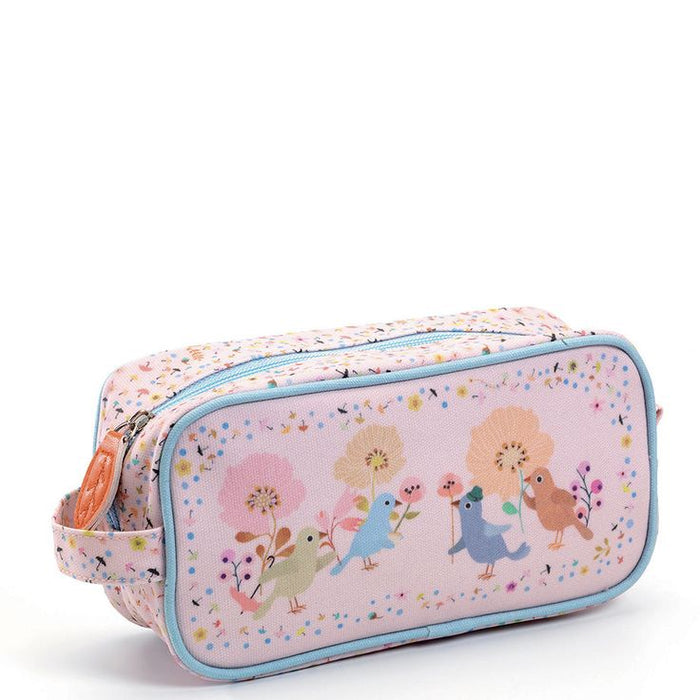 A light pink rectangular pencil case with a whimsical illustration of birds, flowers, and butterflies, featuring a light blue zipper and trim, set against a plain white background.