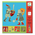 A colorful packaging of Djeco Knights Stencil Set showing 5 plastic stencil templates with knight-themed designs, and a cartoon illustration of a knight on the cover.