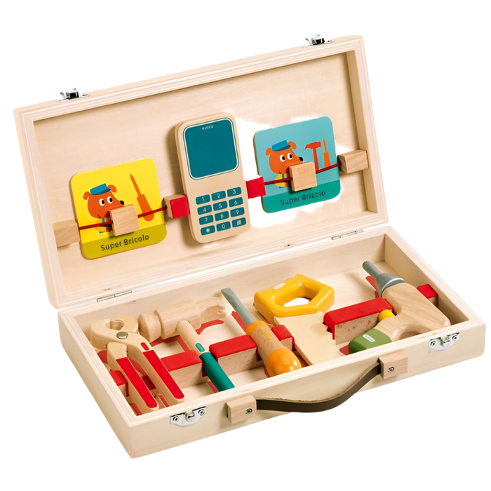 Children's wooden tool kit with various colorful tools and cards, neatly arranged in an open wooden case.