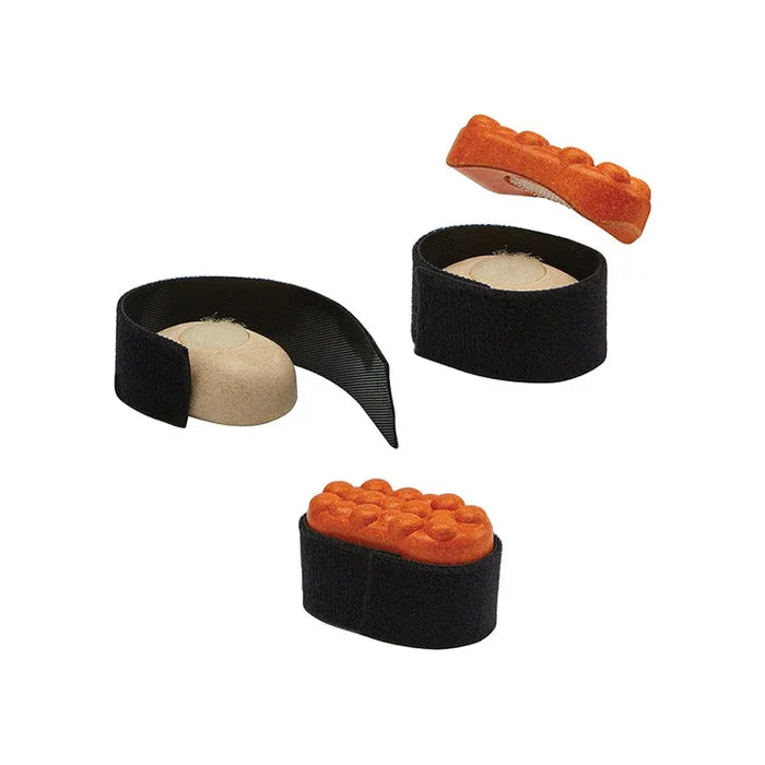 Set of sushi-shaped wooden playfood  toys on a white background