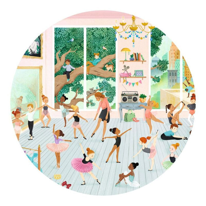 Illustration of children dancing in a classroom with a window view of a park.