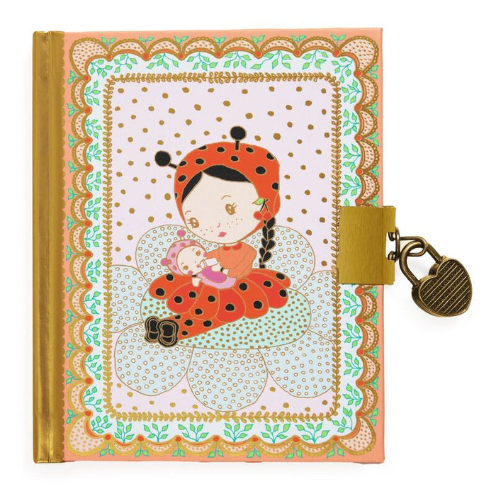 Notebook with a ladybug-themed design and lock on a white background