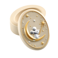 A small, oval-shaped beige resin tooth keeper box with a 3D illustration of a mouse on the moon design, surrounded by gold and silver stars.