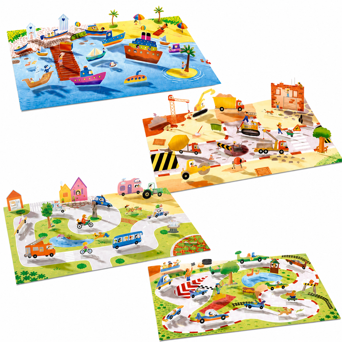 Four colorful children's play mats with cartoon scenes: a harbor and boats, a construction site, a park with vehicles, and a winding road with small obstacles, shown on a white background.