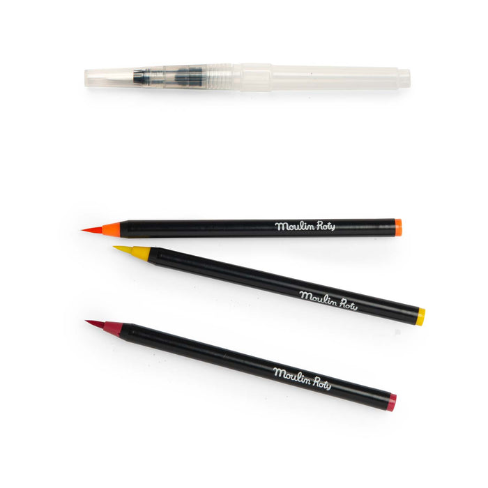 Yellow, orange and red and white marker pens on a white background