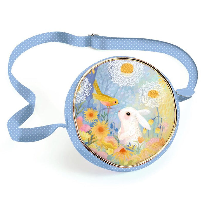 Childs blue fabric round  handbag illustrated with pretty flower, a white rabbit and yellow bird.